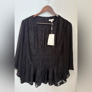 NWT Parker Black Textured Blouse with Sheer Sleeves Size: XL  Back Zipper